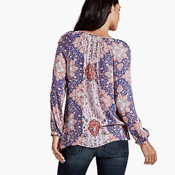 Lucky Brand Blue abstract Tile Print Long Sleeve Boho peasant top ❤️ - Picture 2 of 10